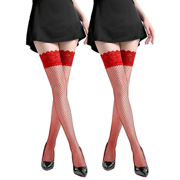 ValueVibe Thigh High Stockings for Women Small Fishnet Stockings Lace Top Pantyhose 2-pack, Red