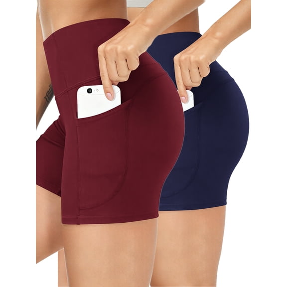 ValueVibe Women Yoga Shorts with Pockets High Waist Spandex Workout Shorts Tummy Control Biker Shorts, Burgundy+Navy XL