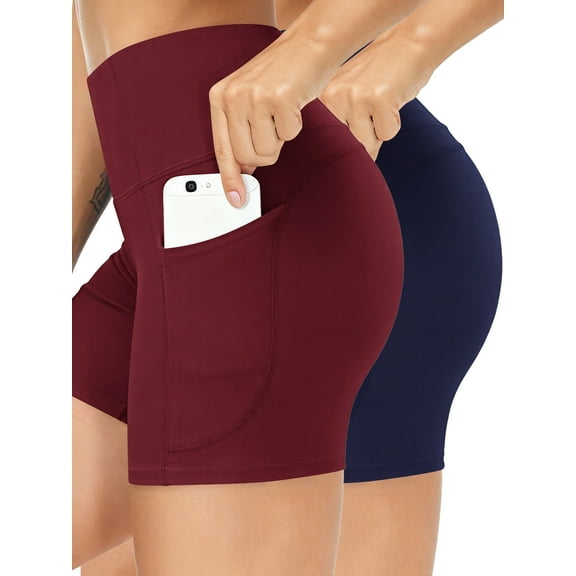 ValueVibe Women Yoga Shorts with Pockets High Waist Spandex Workout Shorts Tummy Control Biker Shorts, Burgundy+Navy XL
