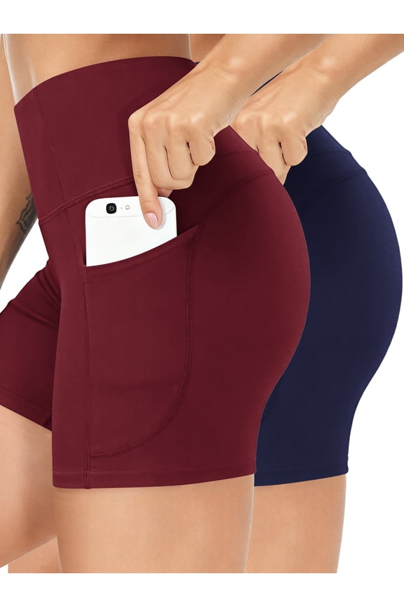 Women Yoga Shorts with Pockets High Waist Spandex Workout Shorts Tummy Control Biker Shorts, Burgundy+Navy XL