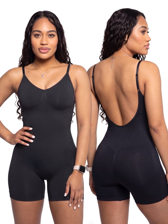 Women's Backless Shapewear Bodysuit Tummy Control Body Shaper Shorts Open Crotch Low Back Camisole, Black XL