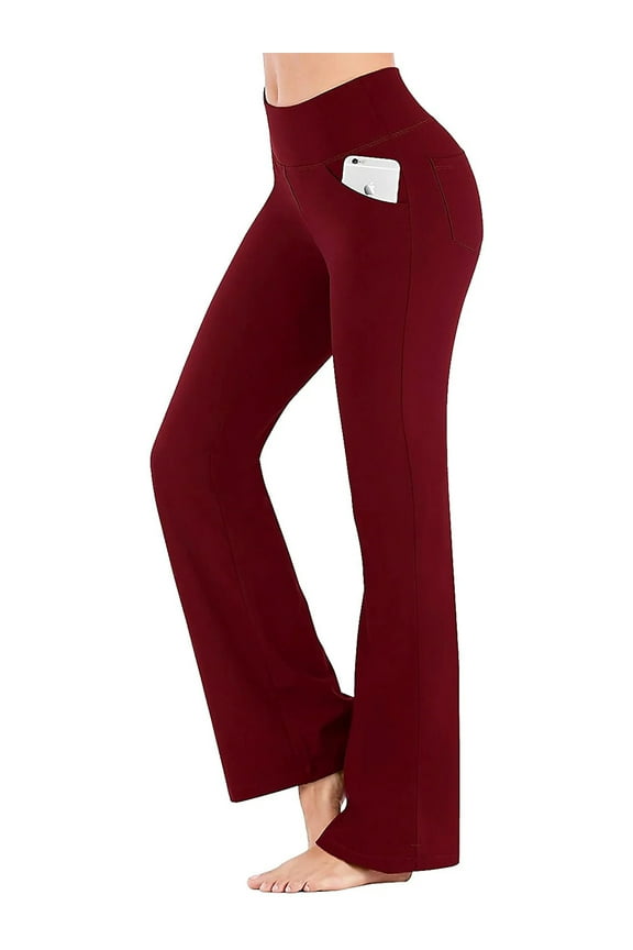 Womens Flare Yoga Pants with Pockets Bootcut Yoga Leggings High Waist Tummy Control Workout Pants, Burgundy 4XL
