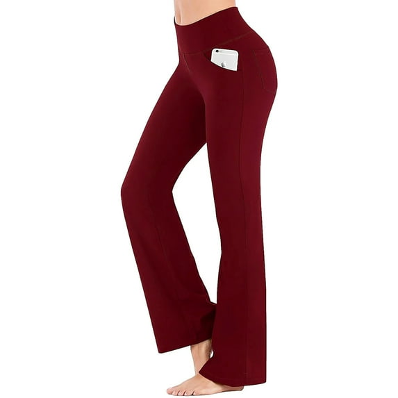 ValueVibe Womens Flare Yoga Pants with Pockets Bootcut Yoga Leggings High Waist Tummy Control Workout Pants, Burgundy L