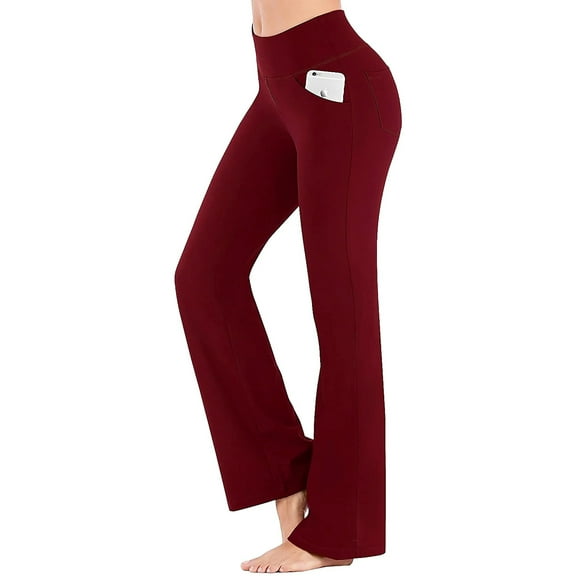 ValueVibe Womens Flare Yoga Pants with Pockets Bootcut Yoga Leggings High Waist Tummy Control Workout Pants, Burgundy L