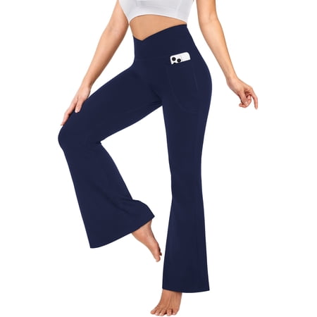 ValueVibe Womens Flare Yoga Pants with Pockets V Crossover Workout Pants Bootcut Tummy Control Leggings, Navy 2XL