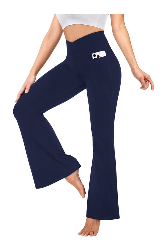 Womens Flare Yoga Pants with Pockets V Crossover Workout Pants Bootcut Tummy Control Leggings, Navy 2XL