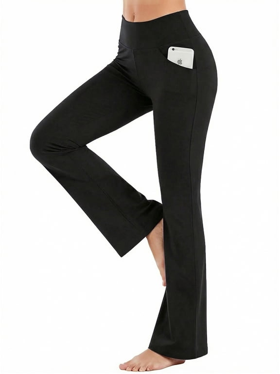 Womens Flare Yoga Pants with Pockets Bootcut Yoga Leggings High Waist Tummy Control Workout Pants, Black 2XL