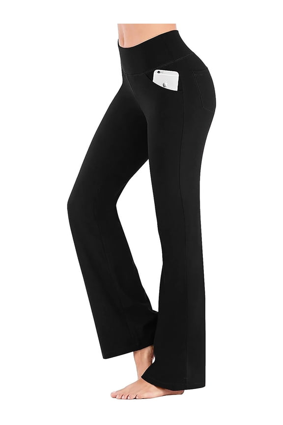 Womens Flare Yoga Pants with Pockets Bootcut Yoga Leggings High Waist Tummy Control Workout Pants, Black L