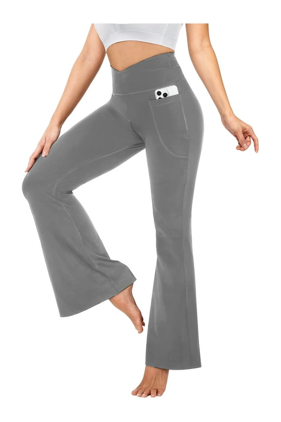 Womens Flare Yoga Pants Cross Waisted Bootcut Tummy Control Workout Pants with Pockets, Gray M