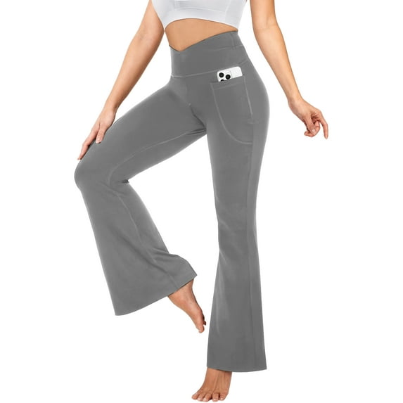 ValueVibe Womens Flare Yoga Pants Cross Waisted Bootcut Tummy Control Workout Pants with Pockets, Gray XL