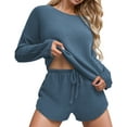 thumbnail image 1 of ValueVibe Womens Waffle Knit Pajama Sets Long Sleeve Tops and Shorts 2 Piece Outfit Lounge Sets with Pockets, Blue S, 1 of 6