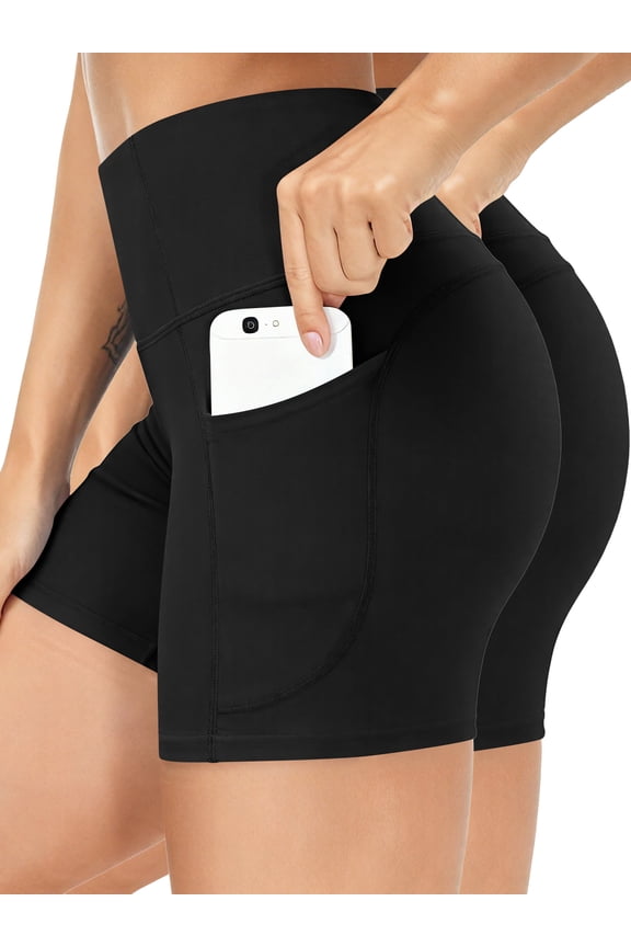Yoga Shorts for Women with Pockets High Waist Tummy Control Shorts 2-Pack Athletic Shorts, Black+Black XL