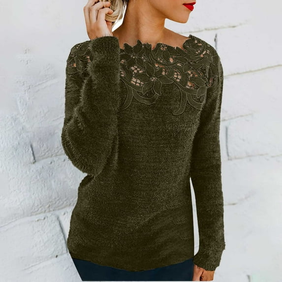 Valueadd Clothing Women's Long Sleeve Pullovers Lace Patchwork Knit Sweater Crewneck Solid Color Casual Knit Pullover Sweater Tops Green S