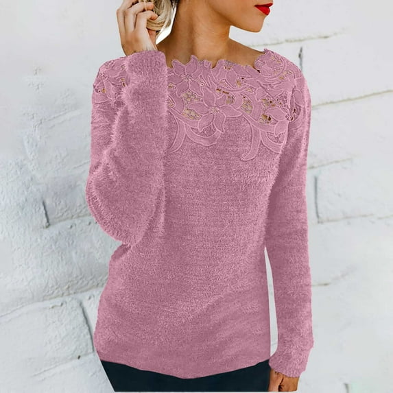 Valueadd Clothing Women's Long Sleeve Pullovers Lace Patchwork Knit Sweater Crewneck Solid Color Casual Knit Pullover Sweater Tops Multicolor XXXXXL