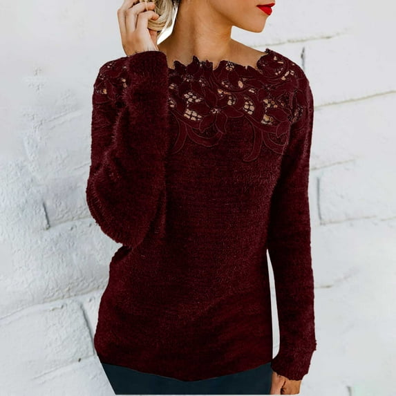 Valueadd Clothing Women's Long Sleeve Pullovers Lace Patchwork Knit Sweater Crewneck Solid Color Casual Knit Pullover Sweater Tops Red S