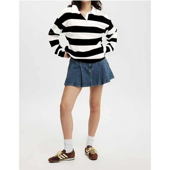 Valueadd Clothing Women's Sweatshirt Long Sleeve Rugby Collared Pullover Oversized Striped Tops Loose Fit Shirt Black S