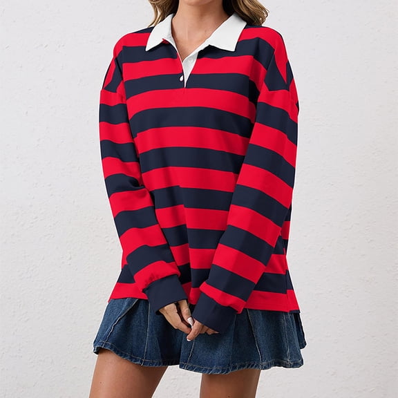 Valueadd Clothing Women's Sweatshirt Long Sleeve Rugby Collared Pullover Oversized Striped Tops Loose Fit Shirt Red S