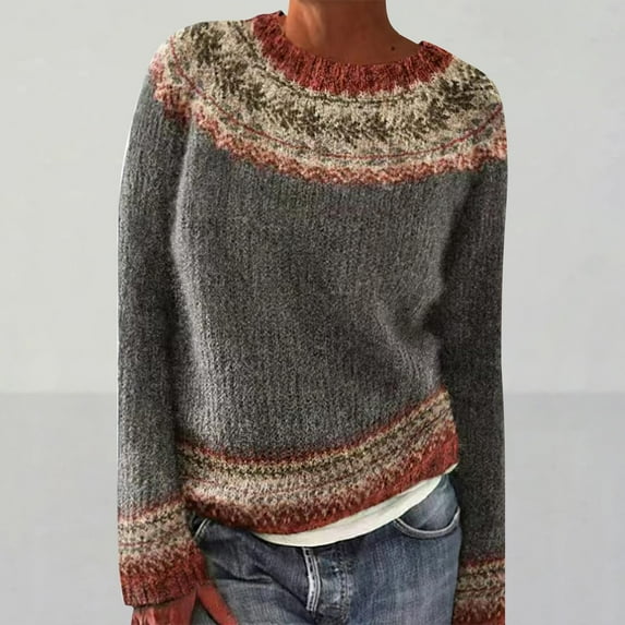 Valueadd Clothing Women's Knitted Isle Print Retro Sweater Casual Loose Crewneck Long Sleeve Lightweight Cropped Pullover Tops Grey