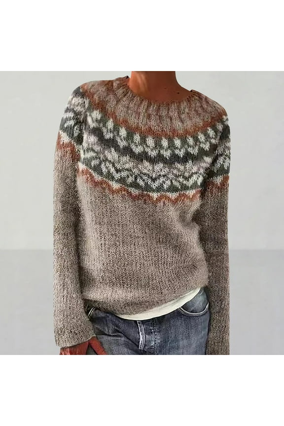Clothing Women's Knitted Isle Print Retro Sweater Casual Loose Crewneck Long Sleeve Lightweight Cropped Pullover Tops Khaki