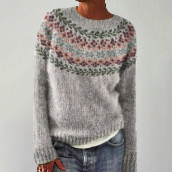 Valueadd Clothing Women's Vintage Art Print Knit Crew Neck Pullover Sweater Grey