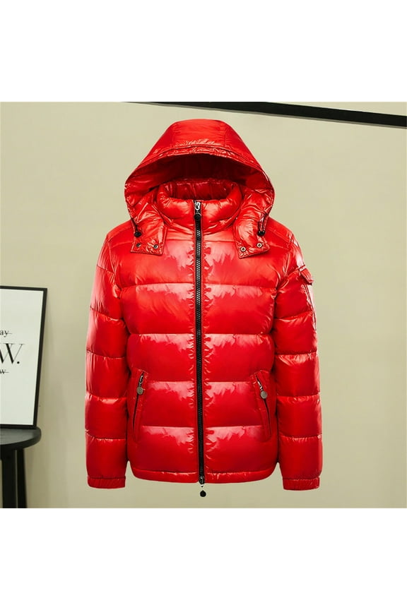 Clothing Women's Warm Down Jackets Plain Winter Snow Down Jackets With Hood Zip Metal Shiny Wind Jacket Parka Red
