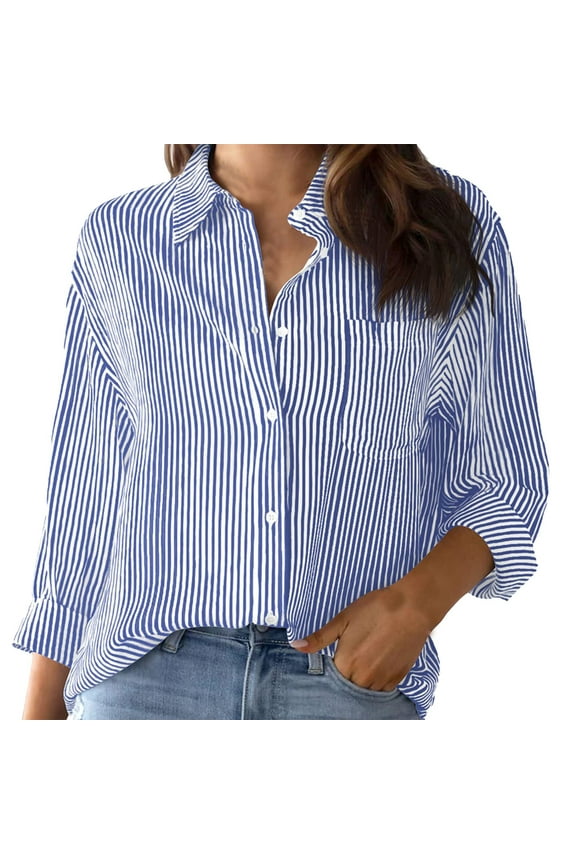 Cotton Striped Button Down Shirt for Women Little Oversized Long Sleeve Blouses Dress Shirts Work Tops Shirts for Women