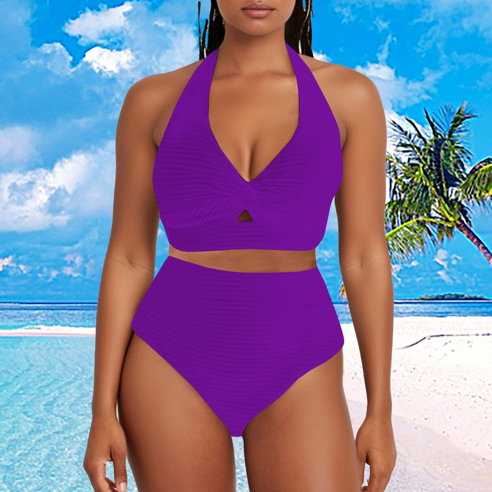 Herseas Textured Bikini Set – Twist Front Top & High Waisted Bottoms With Ruched Detail