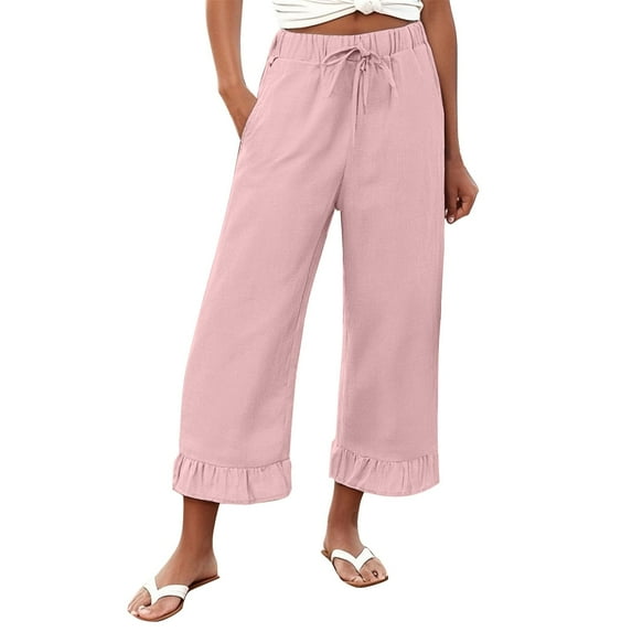 Valueadd Women's Casual Palazzo Pants Drawstring Flowy Pants Wide Leg Summer Beach Linen Pants With Pockets
