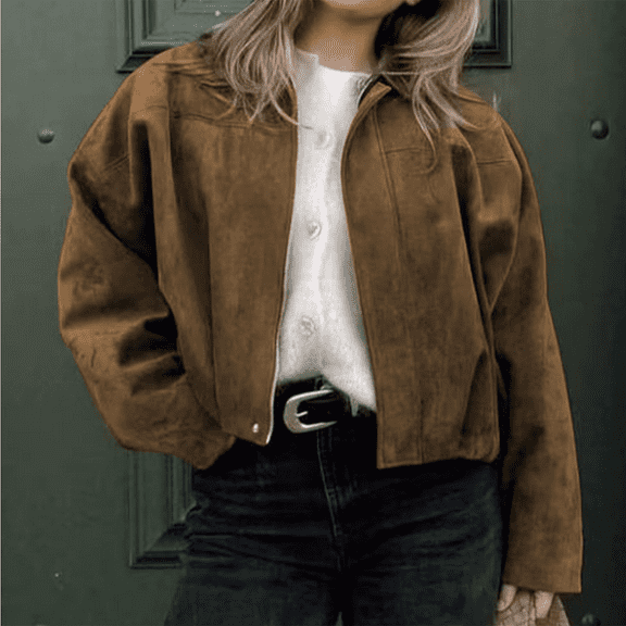 Valueadd Women's Long Sleeve Faux Suede Jacket Lapel Pilot Coat Casual Oversized Trendy Streetwear Outerwear