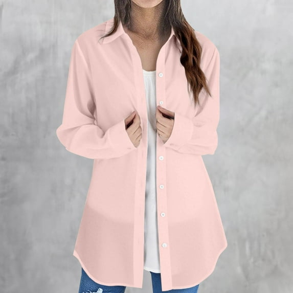 Valueadd Women's Long Sleeve Shirts Solid Color Tops Long Loose Thin Shirts Blouses Tops Plus Size