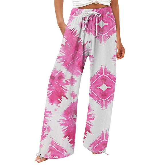 Valueadd Women's Retro Printed Fashionable Drawstring Loose Pants High Waisted Casual Pants Wide Leg Pants