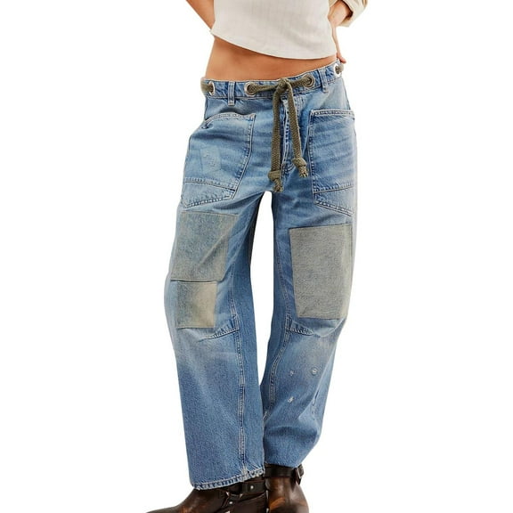 Valueadd Womens Jeans Mid Barrel Jeans Wide Leg Mid Waist Cropped Denim Pants Y2k Baggy Jeans With Pockets