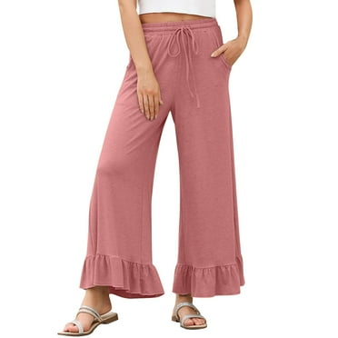Valueadd Womens Wide Leg Pants Drawstring Elastic High Waisted Ruffle Hem Palazzo Pants With Pockets Pants for Women