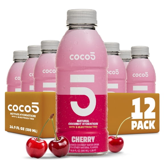 COCO5 Cherry Coconut Water, Active Hydration Electrolyte Drink, 50% Less Sugar, Caffeine Free, Vegan, 16.9 oz, 12 Count