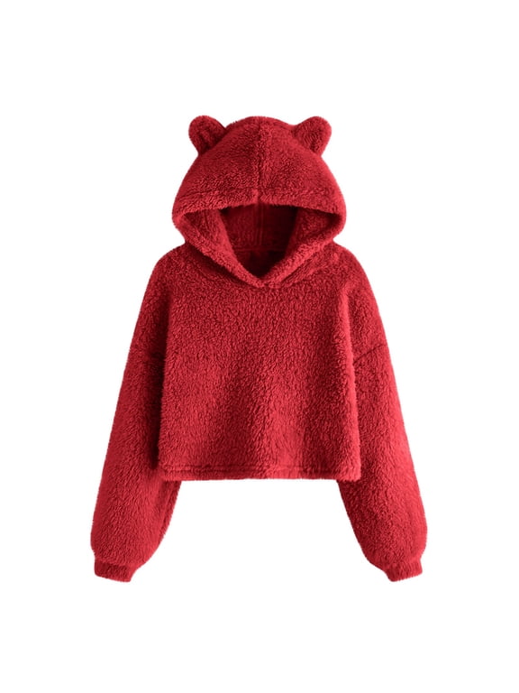 Girls Fuzzy Hoodie Bear Ears Plush Pullover Long Sleeve Warm Winter Fleece Hooded Sweatshirt for Kids Cute Solid Color