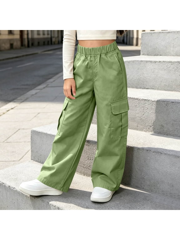 Girls Wide Leg Cargo Pants, Elastic Waist Casual Utility Pants with Flap Cargo Pockets and Side Pockets for Everyday Wear