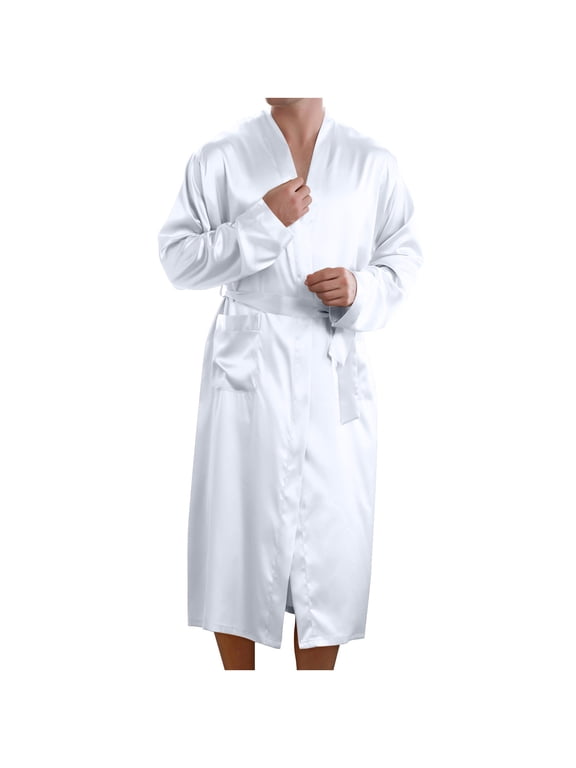 Men's Robe, Long Sleeve Kimono Bathrobe with Waist Belt and Pockets, Knee Length Wrap House Coat for Home Spa Shower Vacation