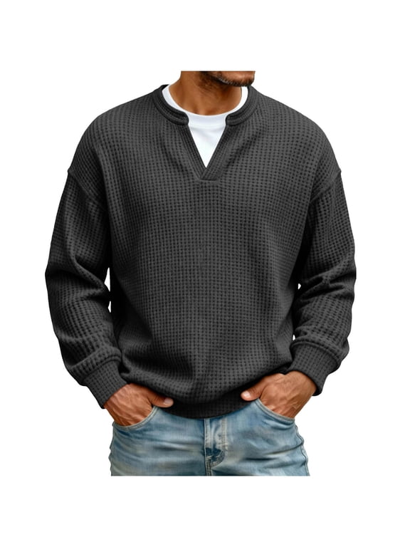 Men's Waffle Knit V-Neck Long Sleeve Shirt, Fake Two-Piece Layered Look Pullover Top, Casual Solid Color Knit Blouse for Fall Winter
