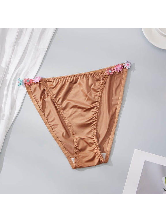 Women Brief Low Rise Bikini String Panties Flower Trim Thin Side Strap Silky Stretch Comfortable Everyday Wear Pull On Underwear for Women