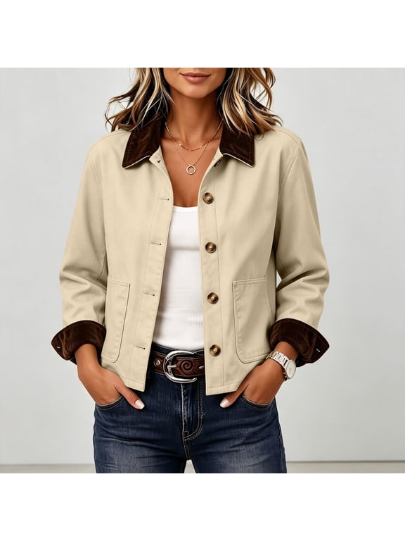 Women's Barn Jacket, Button Front Chore Jacket with Contrast Collar, Patch Pockets and Long Sleeves, Casual Workwear Layer for Fall