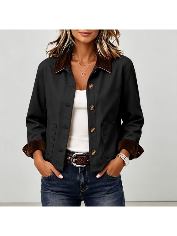 Women's Barn Jacket, Button Front Chore Jacket with Contrast Collar, Patch Pockets and Long Sleeves, Casual Workwear Layer for Fall