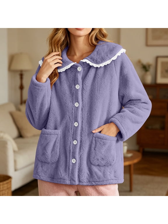 Women's Bed Jacket, Button Front Long Sleeve Sleep Top with Lace Trim Collar and Patch Pockets, Cozy Pajama Lounge Jacket