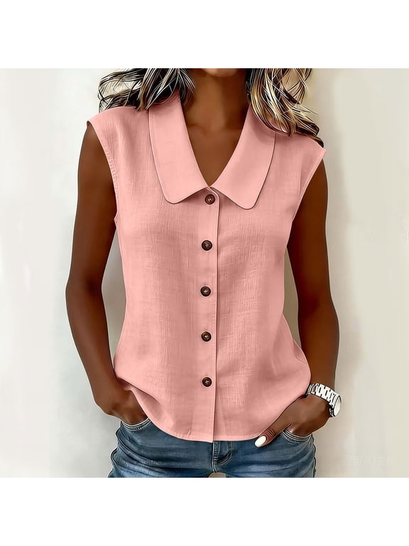 Women's Blouses & Tops, Collared Button Front Sleeveless with Curved Hem, Textured Casual Summer Daily Wear for Women