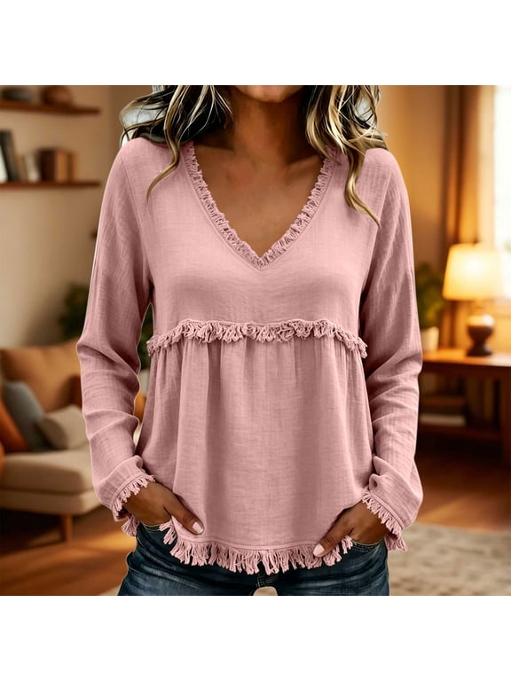 Women's Blouses & Tops, V Neck Fringe Long Sleeve Loose Fit, Boho Casual Daily Wear for Women