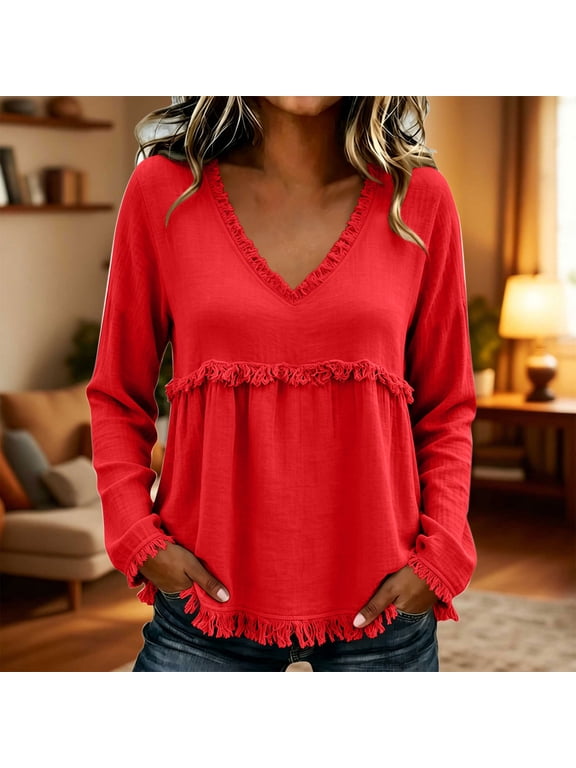 Women's Blouses & Tops, V Neck Fringe Long Sleeve Loose Fit, Boho Casual Daily Wear for Women