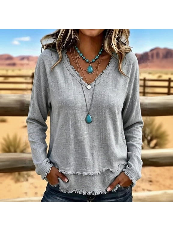 Women's Blouses & Tops, V Neck Fringe Long Sleeve Loose Fit, Boho Casual Daily Wear for Women