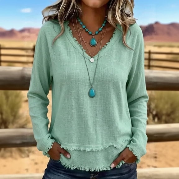 Valufy Women's Blouses & Tops, V Neck Fringe Long Sleeve Loose Fit, Boho Casual Daily Wear for Women
