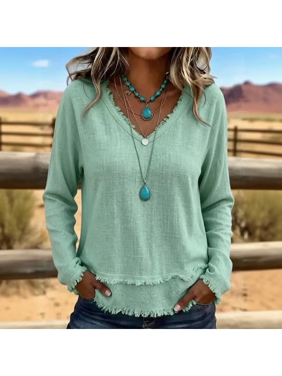 Women's Blouses & Tops, V Neck Fringe Long Sleeve Loose Fit, Boho Casual Daily Wear for Women