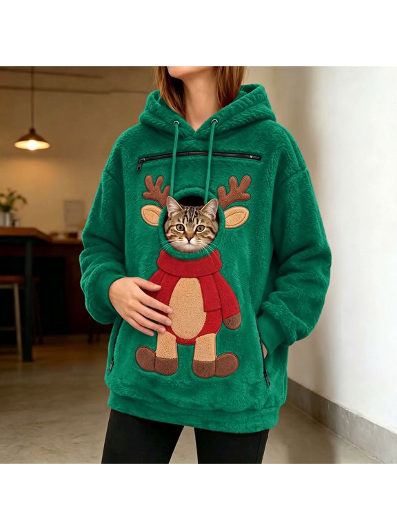 Women's Christmas Pet Pouch Hoodie, Cat Pouch Pullover Sweatshirt with Reindeer Graphic, Drawstring Hood and Zipper Pockets