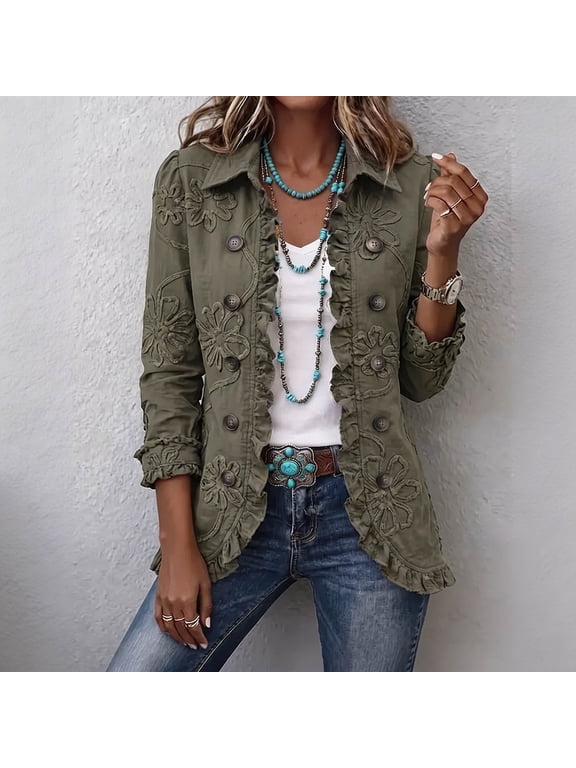Women's Floral Applique Ruffle Trim Shirt Jacket, Button Down Long Sleeve Blouse with Collared Neck, Loose Fit Western Top